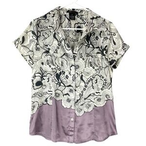 BCBGMAXAZRIA Purple Floral Collar Button Down Shirt M Button Short Sleeve Pocket